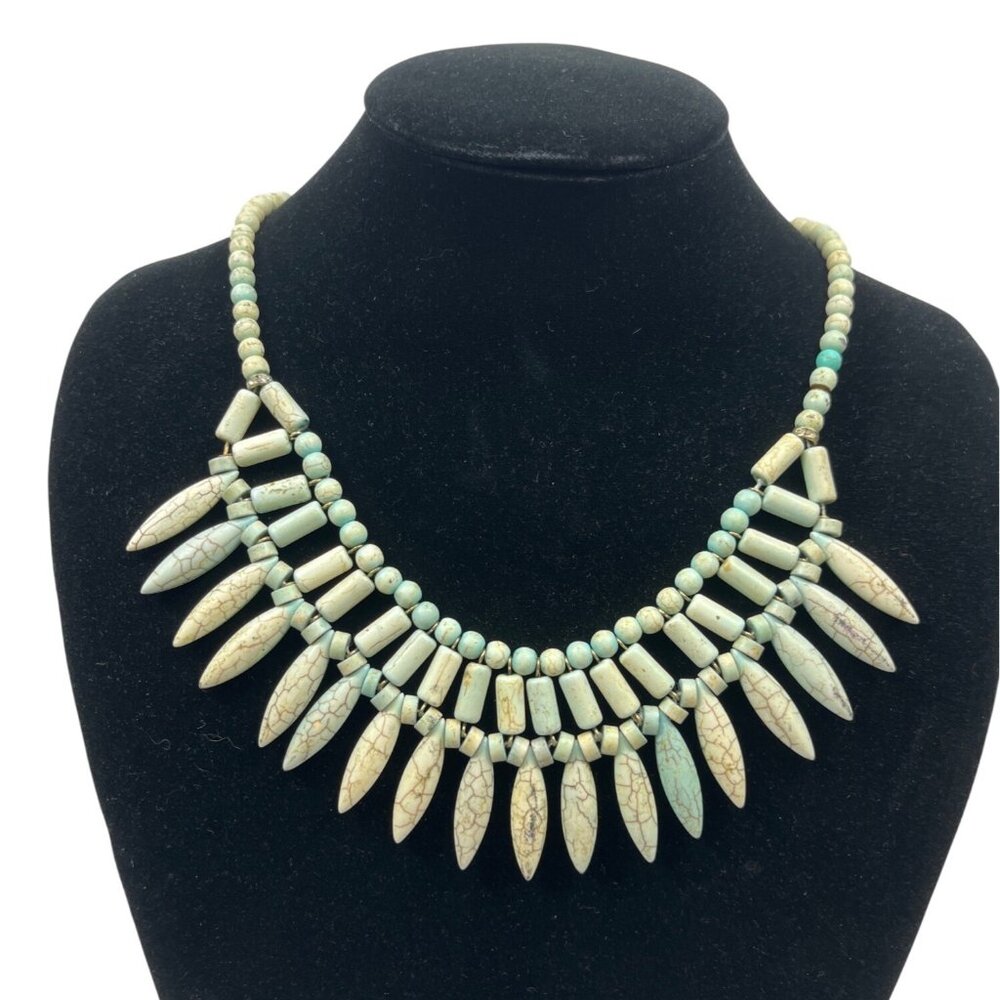 Vintage Faux Turquoise Beaded Necklace With Layered Spikes & Adjustable Chain